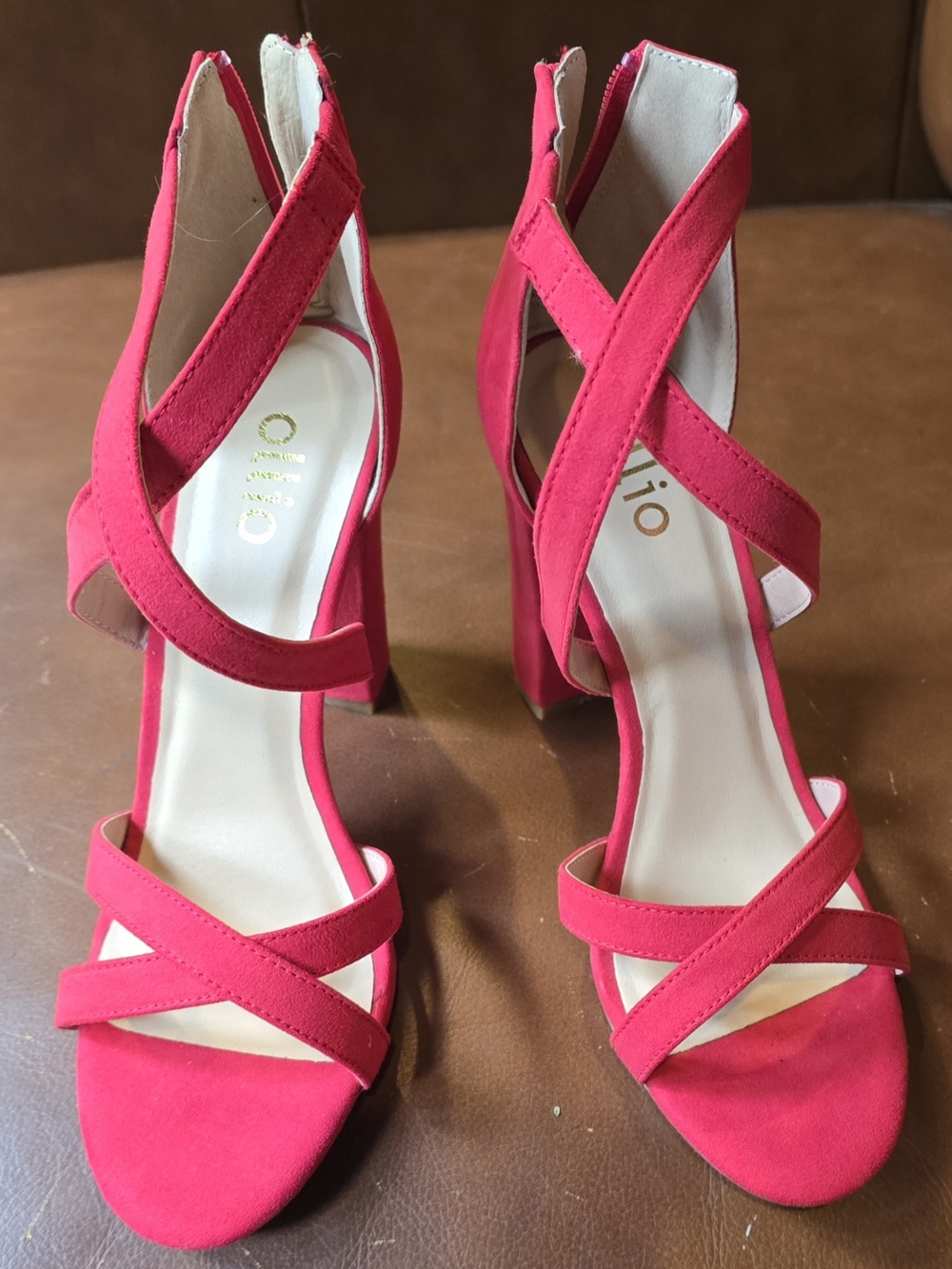Ollio Hot Pink Crisscross Block Heel Sandals